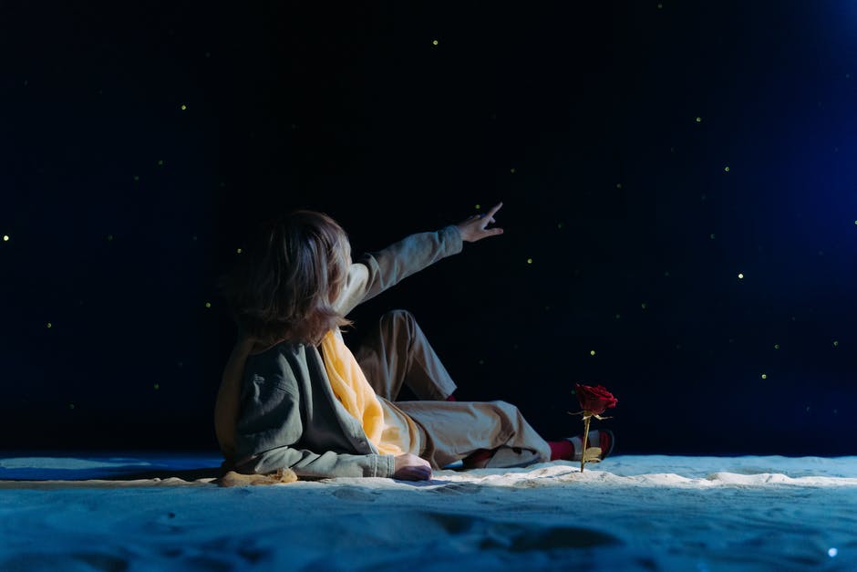 Enfant déguisé en Petit Prince d'Antoine de Saint-Exupéry, montrant des étoiles dans le ciel, et allongé à côté d'une rose, sur du sable.