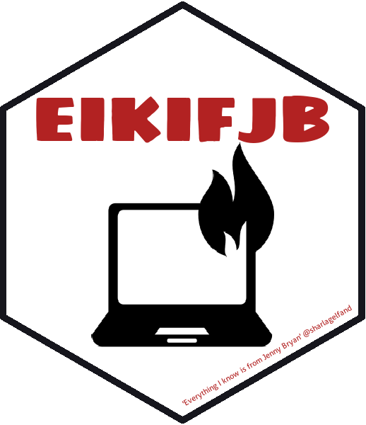 hex logo de 'Everything I know is from Jenny Bryan' avec un ordinateur portable en feu